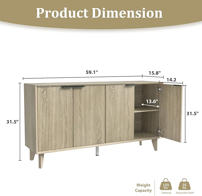 Fluted Cabinet with Storage, Buffet Storage with 4 Doors, Buffet Sideboard Accent Cabinet with Adjustable Shelves for Living Room, Kitchen, Entry, Hallway, Natural