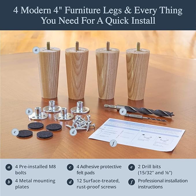 Airy Abode Premium Ash Wood Furniture Legs (Full Install Kit) - Pick Your Size and Color