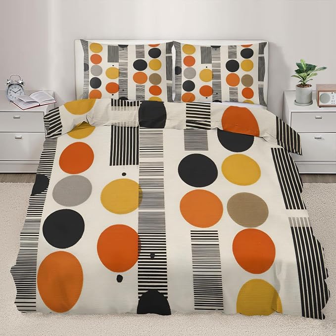 Vintage Multicolor Geometric Duvet Cover Twin Size for Boys Girls, Kids Mid Century Modern Bedding Set 3 Piece, Abstract Colorful Geometric Patterned Comforter Cover with Zipper, 2 Pillowcases