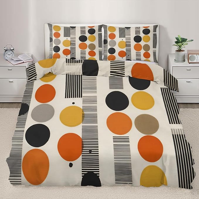 Vintage Multicolor Geometric Duvet Cover Queen Size for Boys Girls, Kids Mid Century Modern Bedding Set 3 Piece, Abstract Colorful Geometric Patterned Comforter Cover with Zipper, 2 Pillowcases