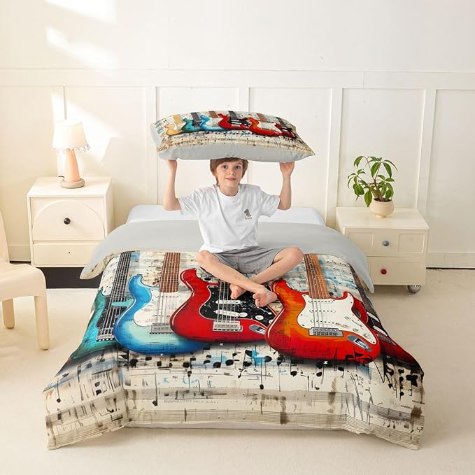 Erosebridal Chic Guitar Comforter Cover Twin Retro Musical Staves Pattern Bedding Set Rock Music Lovers Room Decor Duvet Cover,Rustic Musical Notes Bed Set