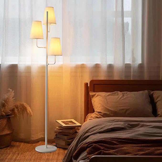 Traditional Floor Lamp for Living Room: 3 Light Linen Country Rustic Floor Lamp for Bedroom, White Standing Lamp with Foot Switch, Country Rustic Tall Lamp, No Bulb