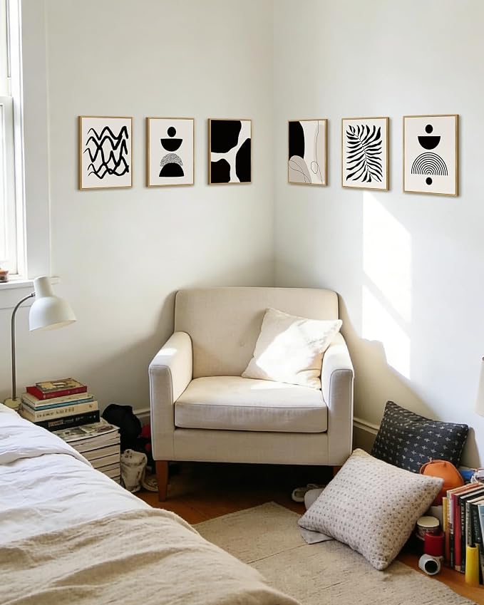 Drsoum Abstract Boho Wall Art Minimalist Geometric Framed Boho Room Decor Black Line Art Mid Century Modern Prints Bohemian Living Room Bedroom Ready to Hang 8x10inx6pcs (Natural Framed)