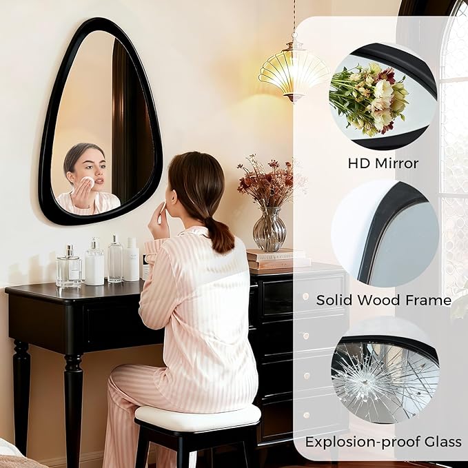Asymmetrical Mirror, 30"x20" Unique Irregular Wall Mirror, Wood Mid Century Modern Mirror Decor for Bathroom Bedroom Living Room Entryway Hallway (Black)
