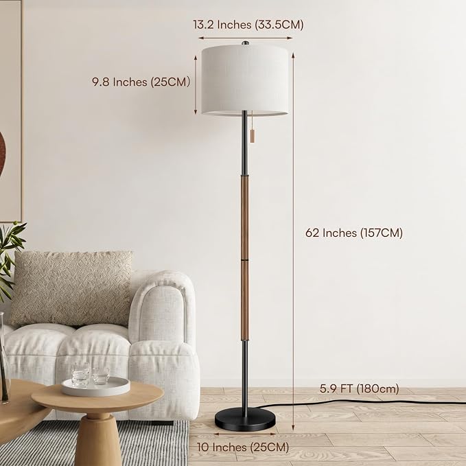62" Mid Century Modern Floor Lamp, Black-Brown Standing Lamp with 3-Color Temperature & Pull Chain, Weighted Anti-Tip Base for Safety, Floor Lamps for Living Room Bedroom Corner (6500K Bulb Included)