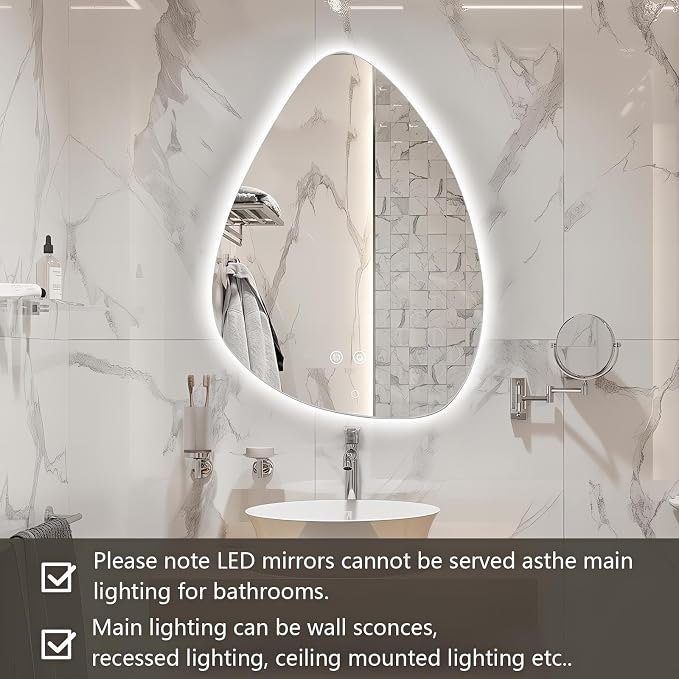Niccy Irregular LED Bathroom Mirror, 24"x32" Asymmetrical Backlit Vanity Wall Mirrors, Frameless Lighted Mirrors for Bedroom, Living Room, Modern Smart-Mirror with Anti-Fog, Dimmable, Memory Function