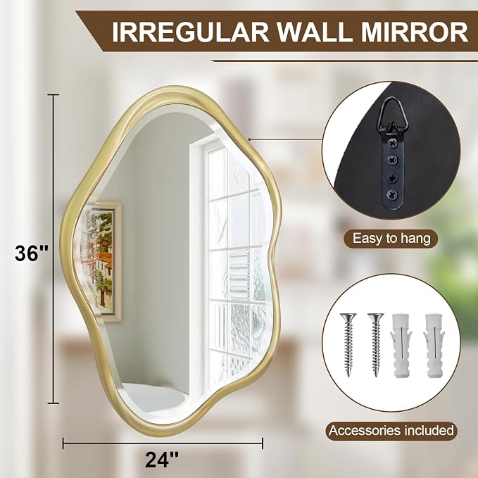 Irregular Wall Mirror, 24"X36" Gold Asymmetrical Bathroom Vanity Mirror, Framed Cloud Mirror for Washroom, Bedroom, Entryway
