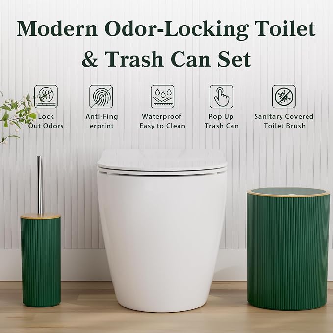 10PC Bathroom Accessories Set - Dark Green and Wooden Bathroom Sets, Bathroom Accessory Set with Pop Up Trash Can, Toilet Brush, Trash Can, Qtip Holder & Soap Dispenser