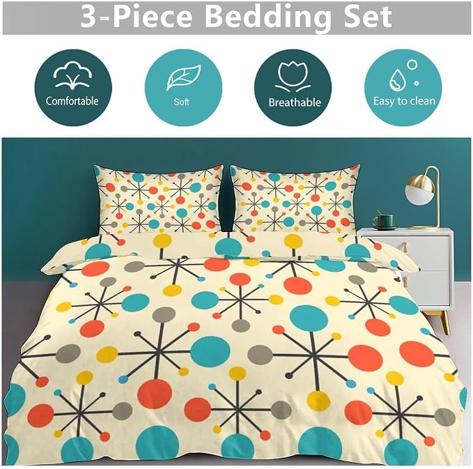 Modern Geometric Bedding Set,1950s 1960s Mid Century Vintage Abstract Atomic Stars Geometric Diamond Pattern Comforter Set with Pillowcase for Bedroom Bed Decor,King 102"x90"