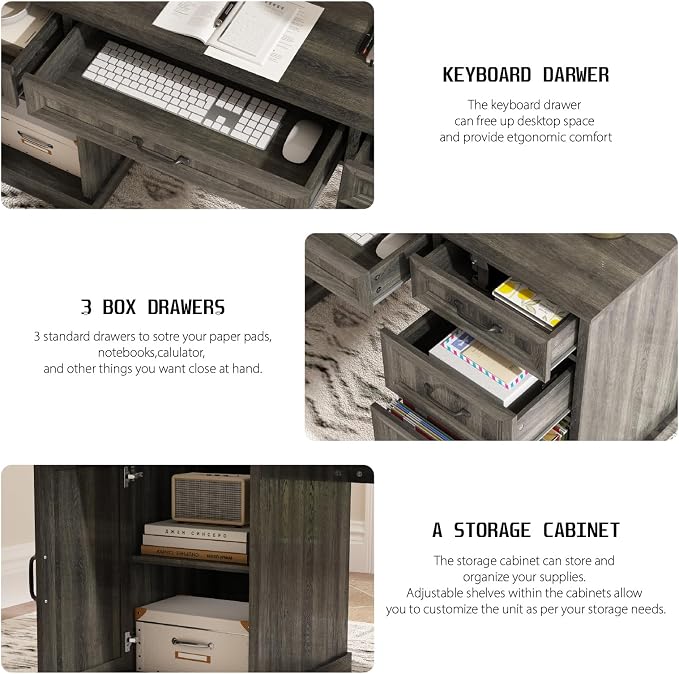 CARPETNAL 58'' Farmhouse Executive Desk with Drawers, Home Office Desk with File Drawer and Storage Cabinet, Rustic Computer Desk for Working, Studying, Writing, Grey
