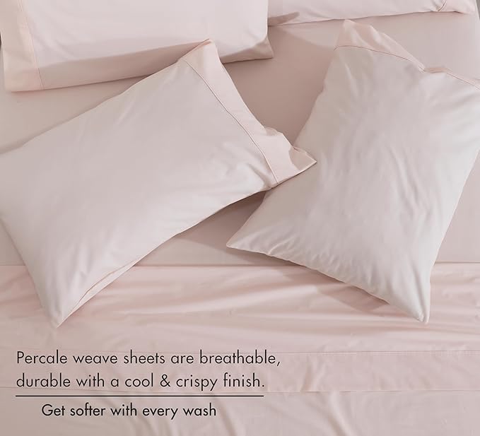 RUVANTI 100% Cotton Percale Sheets Queen Size 6 Piece Set, Cooling Bed Sheets for Hot Sleepers, Deep Pocket 16”, Breathable Lightweight & Durable, Crisp Hotel Style Sheets, Blush Pink