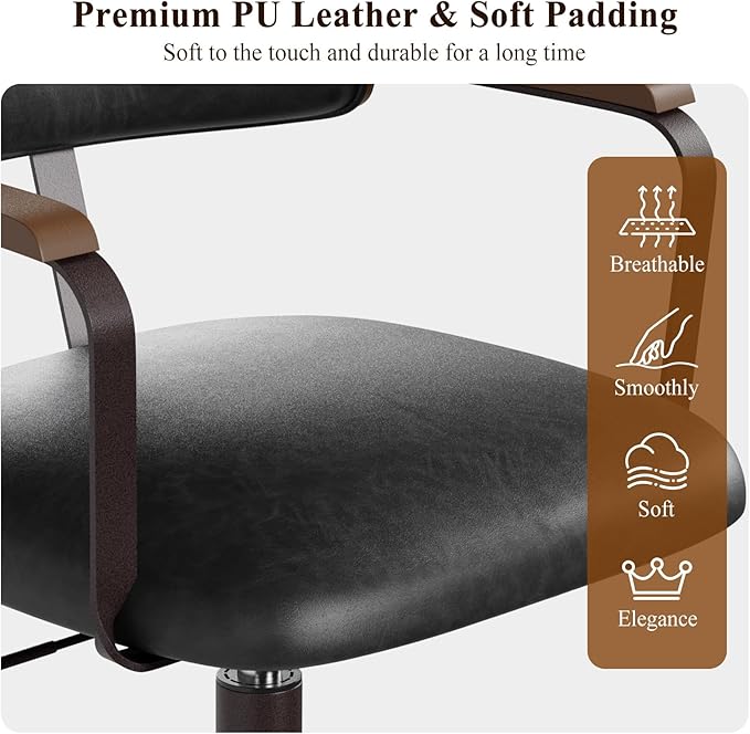 Mid-Century Modern Desk Chair with Walnut Bentwood Design,Retro Home Office Chair with Adjustable Height,360°Swivel,Smooth Rolling Casters,Small Computer Chair PU Leather (Black)