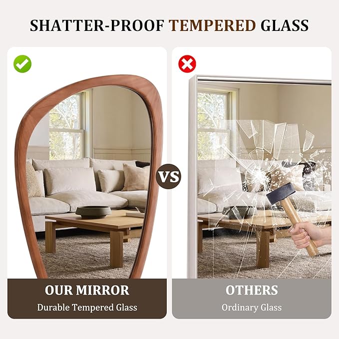 HOMECOOKIN 30.5" H x 19.5" W Asymmetrical Mirror, Irregular Wooden Wall Mirror for Bedroom, Living Room,Entryway– Mid-Century Modern Decorative Mirror, Solid Wood Frame, Pebble Shaped Design (Walnut)