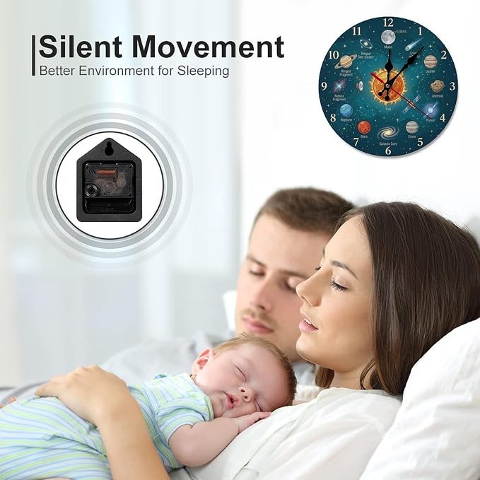 Outer Space Cosmos Silent Wall Clock, Wooden Frameless 10/12 Inch Non Ticking Decorative Clock for Bedroom Living Room Kitchen Kids Gift