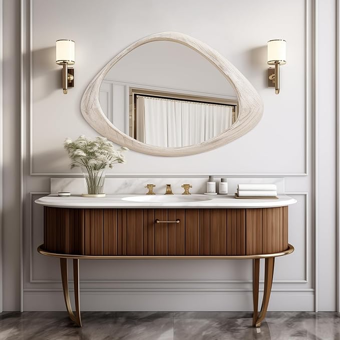 AAZZKANG Irregular Wooden Wall Mirror 28"x20" Asymmetrical Large Hanging Mirrors for Bedroom Living Room Entryway Bathroom Farmhouse Home Decor