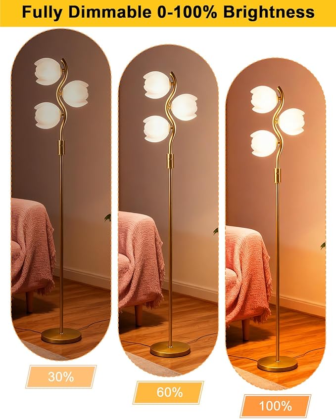 Lightdot 62IN Gold Floor Lamp Stepless Dimmable Bud-Shaped Floor Lamps with 3Pcs 3000K G9 Bulbs Included Eye-Friendly Mid Century Standing Lamps for Living Room/Bedroom/Sofa Beside/Corner Decor