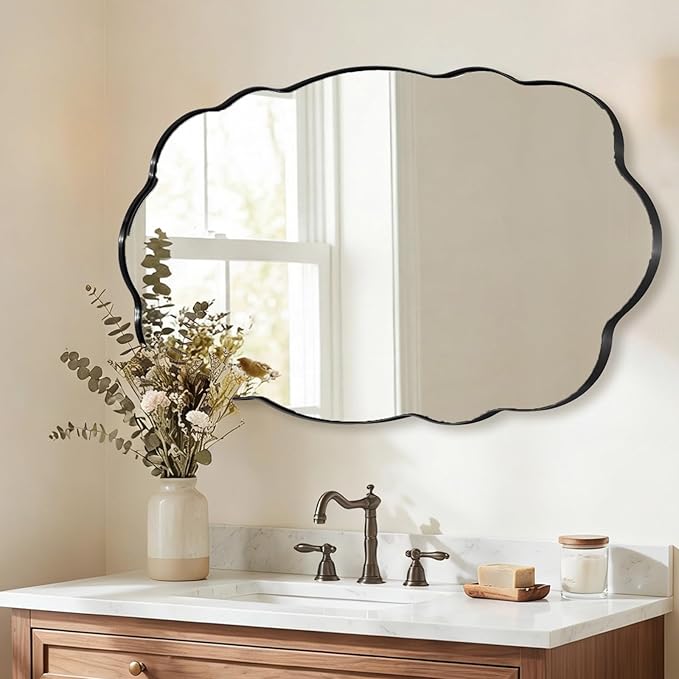 ANDY STAR Matte Black Wavy Scalloped Wall Mirror -30x48 Inch Large Wavy Oval Bathroom Mirror, Living Room & Entryway, Anti Rust Stainless Steel MetalWall Mount Horizontal or Vertical