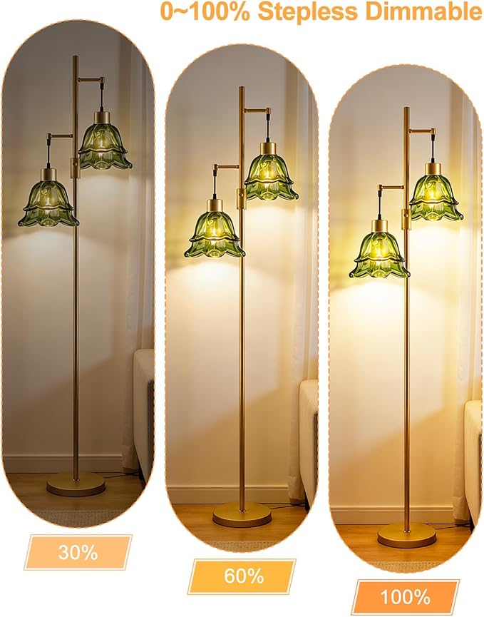 2-Light Modern Glass Floor Lamp, Gold Tall Standing Lamp with Green Tulip Glass Shade for Reading, Dimmable LED Floor Lamp with Rotary Switch for Living Room Bedroom Home Decor, Bulb Included