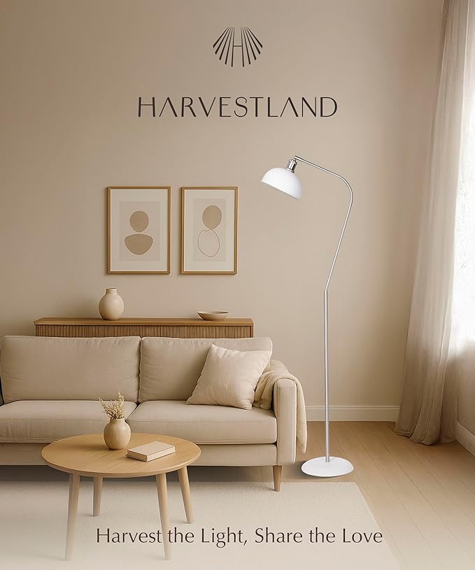HarvestLand Halo Brass Floor Lamp Standing Reading Lamps Solid Base, Reading Lamp for Living Room, Bedside Table or Over Chair Use, Reading Light Standing Lamp, Adjustable Pharmacy Floor Lamp- White
