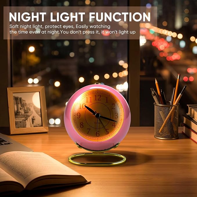 Analog Alarm Clocks,Retro Backlight Cute Simple design Small desk Clock With Night Light,Silent Non-Ticking,Battery Powered,For Kids,teens,Bedroom,travel,kitchen,Bedside Desk decor. (Light pink)