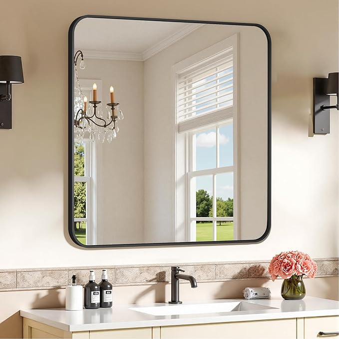 Bathroom Mirrors for Over Sink 36" x 36", Black Metal Frame Rounded Corner Rectangle Wall Mirror, Modern Farmhouse Vanity Mirror(Horizontal/Vertical)