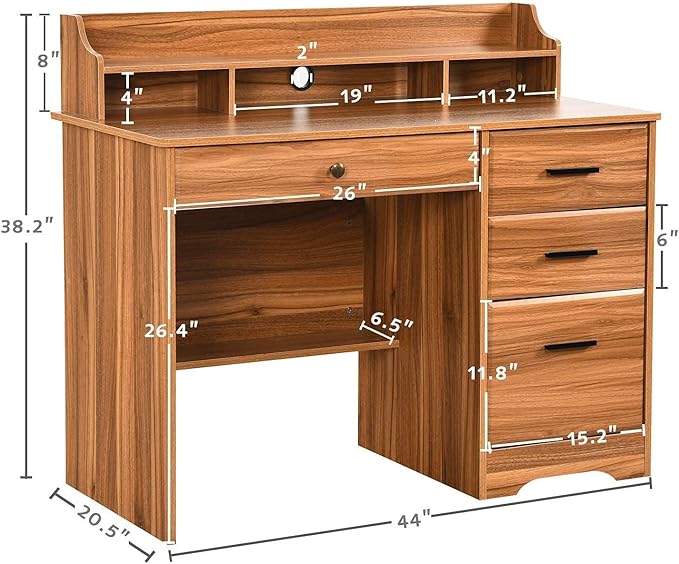 Catrimown Computer Desk with 4 Drawers and Hutch, Home Office Desk with File Drawer, 44” Rustic Oak Wood Desk, Study Table for Bedroom, Rustic Oak