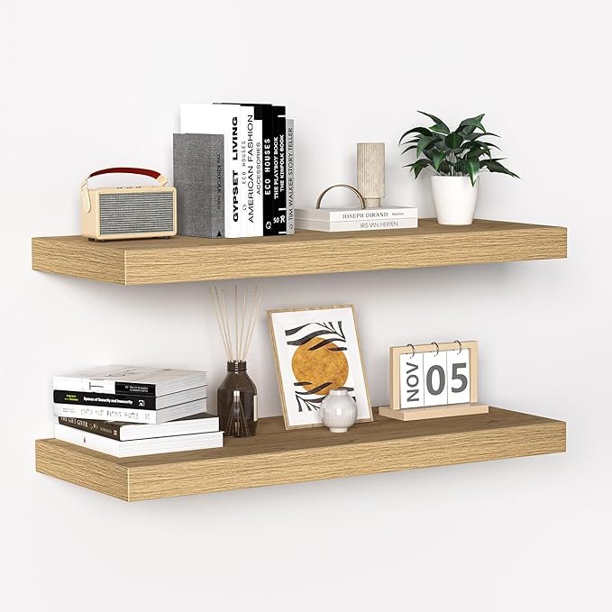 Fun Memories Floating Shelves - 24 Inch Rustic Wooden Wall Shelves - Extra Deeper & Thicker Wall Mounted Storage Shelf for Living Room, Kitchen, Farmhouse - 24" x 9" x 1.6" 2Pack, Oak