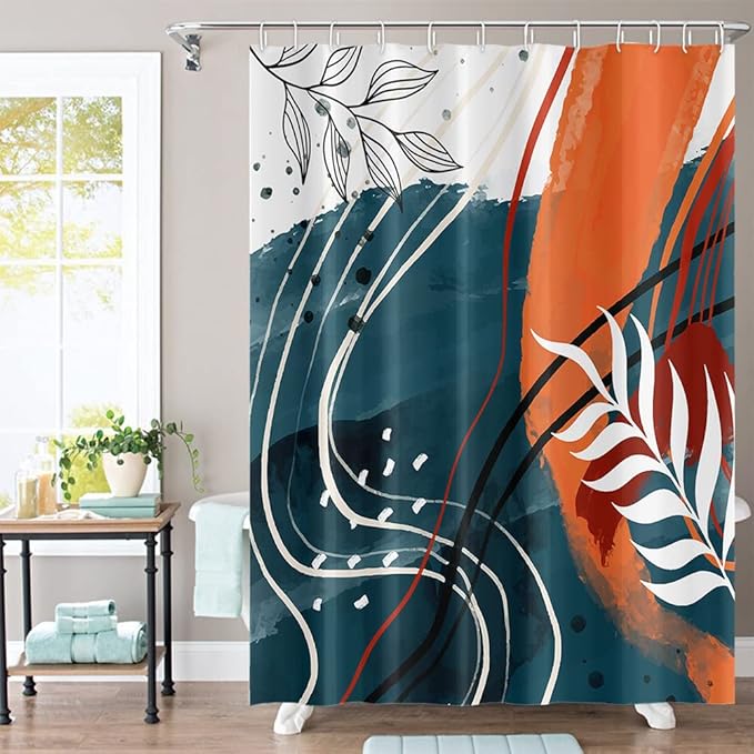 Mid Century Boho Shower Curtain 72Wx78H Abstract Eucalyptus Leaves Navy Blue and Coral Color Shower Curtains Modern Aesthetic Art Fabric Waterproof for Bathroom Decor 12 Plastic Hooks