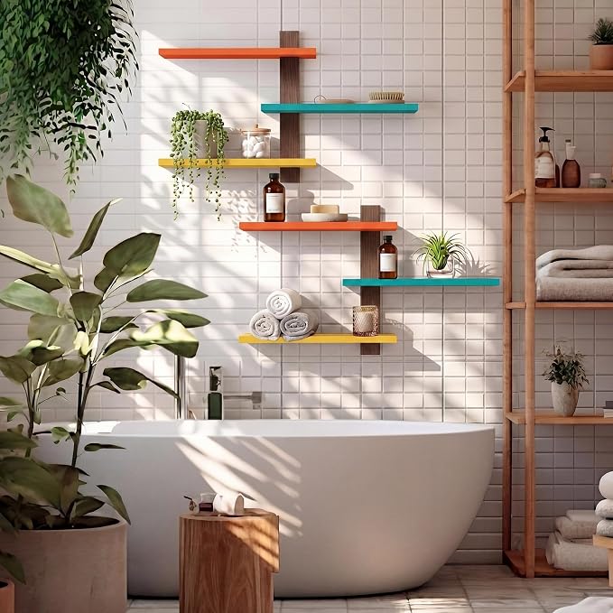 Pinkunn 2 Pack Wood 3 Tier Floating Shelf Large Minimalist Wall Shelves Mid Century Modern Furniture Wall Mount Shelf Art Decor Rustic Shelving for Bedroom Living Room Office Home (Mid Century Color)