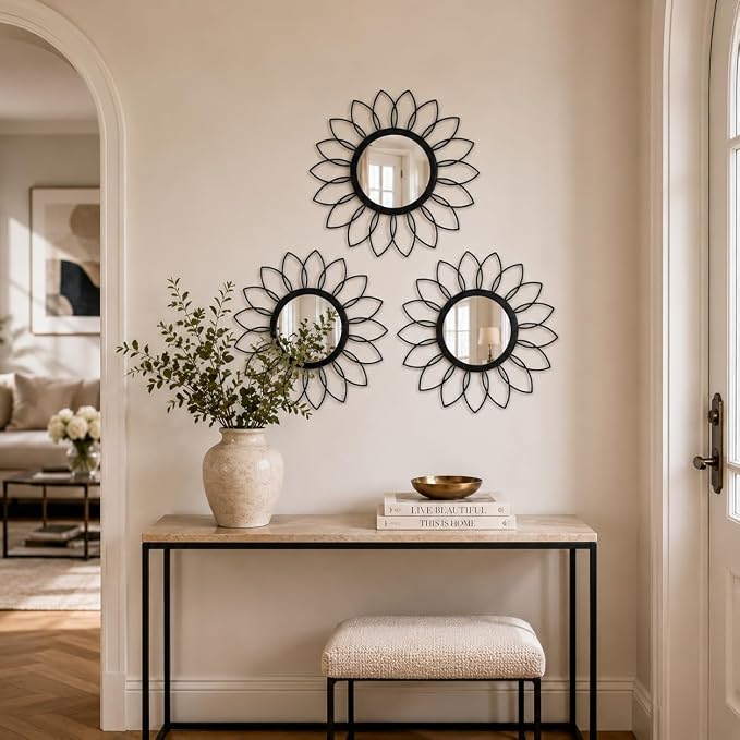 Black Flower Mirror Set of 3, 3PCS Metal Round Decorative Wall Mirrors, Floral Petal Accent Mirror Wall Decor for Living Room, Bedroom, Entryway & Bathroom