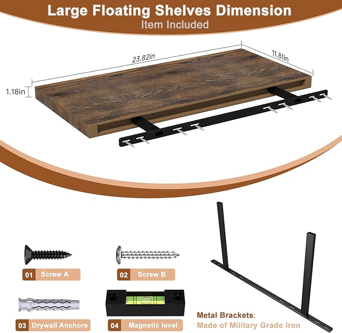 Large Floating Shelves for Wall 24" W x 12" D x 1.2" H Deep Floating Shelves 1 Pack Floating Shelf Large Storage Space Wall Mount Shelf for Living Room Kitchen Bathroom Rustic Brown