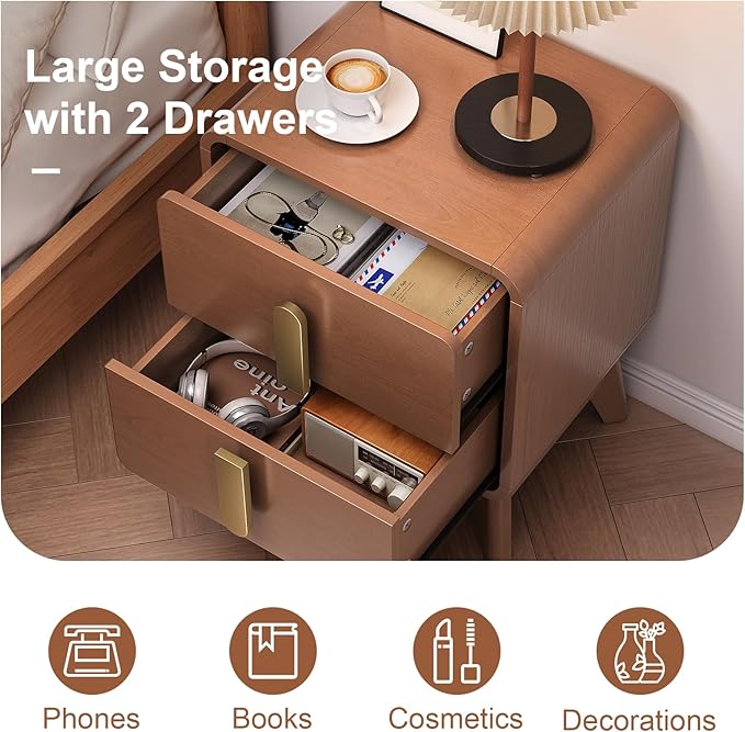 Mid Century Modern Bedroom Sets, 5 Drawer Dresser and Nightstand Sets for Bedroom, Night Stand Set 2 & 5 Drawer Dresser with Gold Handles, Wood Chest of Drawers Storage Cabinet Set, Cherry