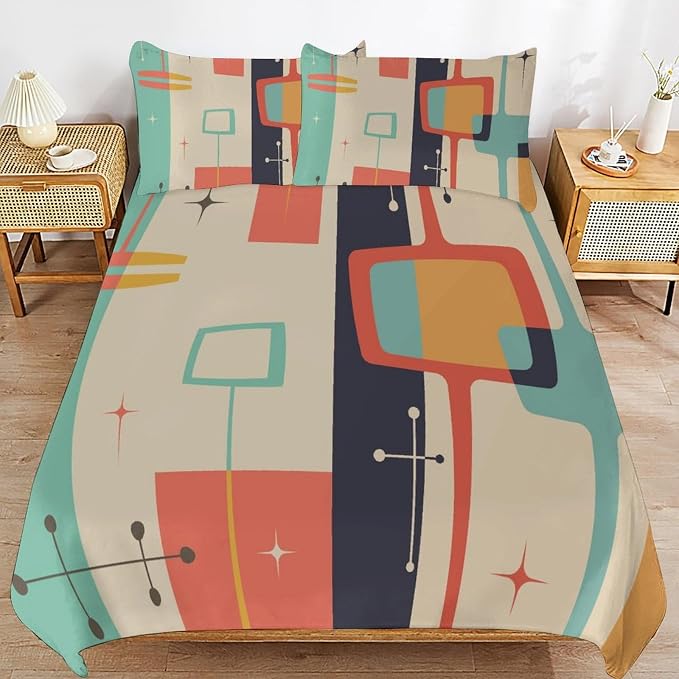Mid Century Duvet Cover Queen Retro Atomic Bedding Set, Rainbow Grid Comforter Cover Vintage Fifties 1950s Bed Set，Abstract Art Bedding 3 Piece (1 Duvet Cover 90"x90" + 2 Pillow Sham 20"x30")