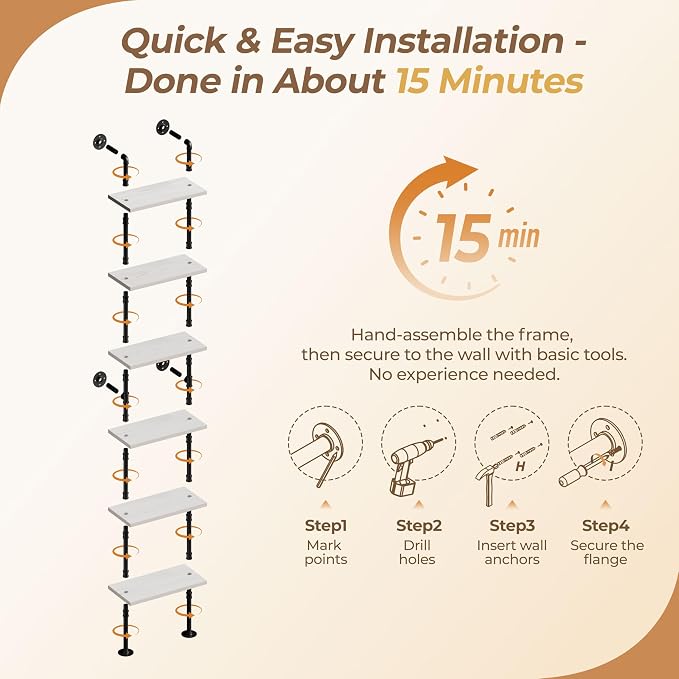 Industrial Ladder Pipe Shelves, Wall Mounted Wood Metal Rustic Bookshelf for Living Room (White, 6 Tier - 10" D x 24" W x 82.5" H)