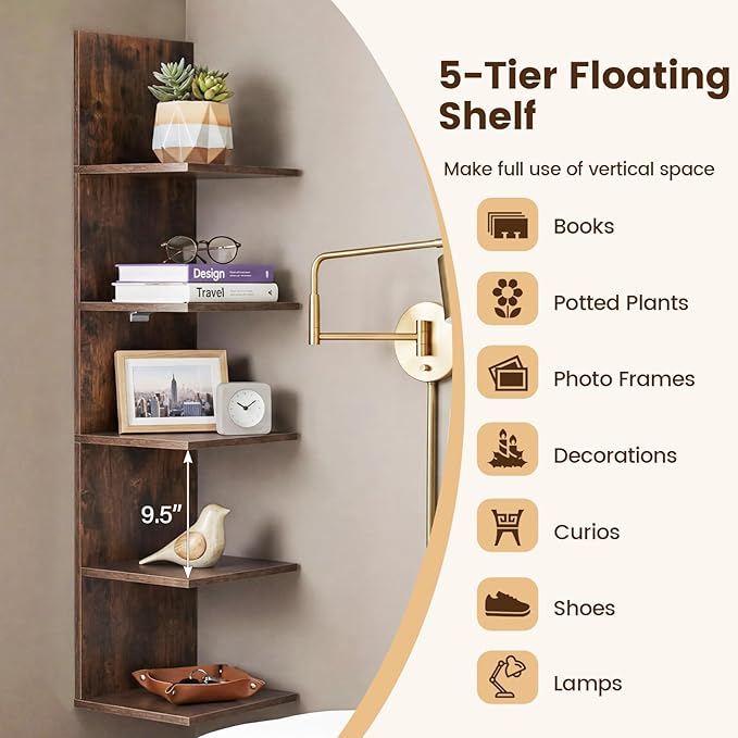 GOFLAME 5-Tier Wall Shelf, Wooden Display Floating Shelves, Wall Mounted Bookshelf Shelving Unit, Modern Storage Organizer Vanity Shelves for Living Room, Bedroom, Home Office (1,Rustic Brown)
