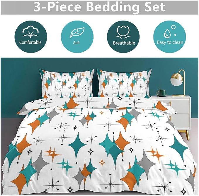 Mid Century Bedding Set,Modern Orange Blue Abstract Atomic Geometric Pattern Retro 1950s 1960s Style Comforter Set with Pillowcase for Bedroom Bed Decor，Twin 86"x70"