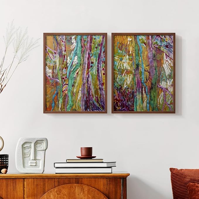 Renditions Gallery Set of 2 Peel & Stick Framed Prints, Modern Abstract Wall Art, Colorful Artistic Painting Wall Decor, Re-Stickable - Ready to Hang - 8"x10" - Walnut Frame LT588