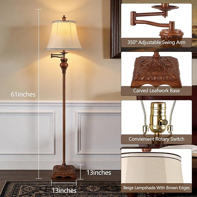 PARTPHONER Vintage Floor Lamps for Living Room,Traditional 350° Adjustable Swing Arm Farmhouse Floor Lamp for Bedroom, Rustic Standing Lamp Pole Lamps for Reading, Home Décor and Office, Wood Grain