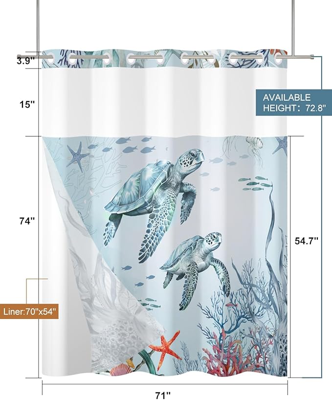 No Hook Shower Curtain with Snap in Liner Set, Coastal Sea Turtle Marine Life Print Shower Curtains for Beach House & Nautical Kids Bathroom, Mesh Top Waterproof Bath Curtain, 71x74 Inch
