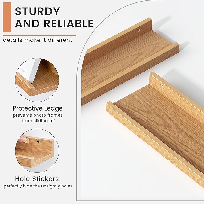 Floating Picture Ledge Shelves Set of 8, 16 Inch Shelves with Lip - Large Nursery Book Shelf for Toys Storage, Kids Bookshelf, Living Room, Bedroom Decor Frames