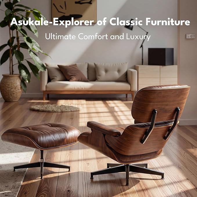 Top Grain Leather, Mid Century Chaise Lounge Chair and Ottoman, Reading Chair, Leather Accent Chair, Modern Chair, Classic Design, for Living Room Lounge Office,Retro Aged Leather, Walnut,Heightening