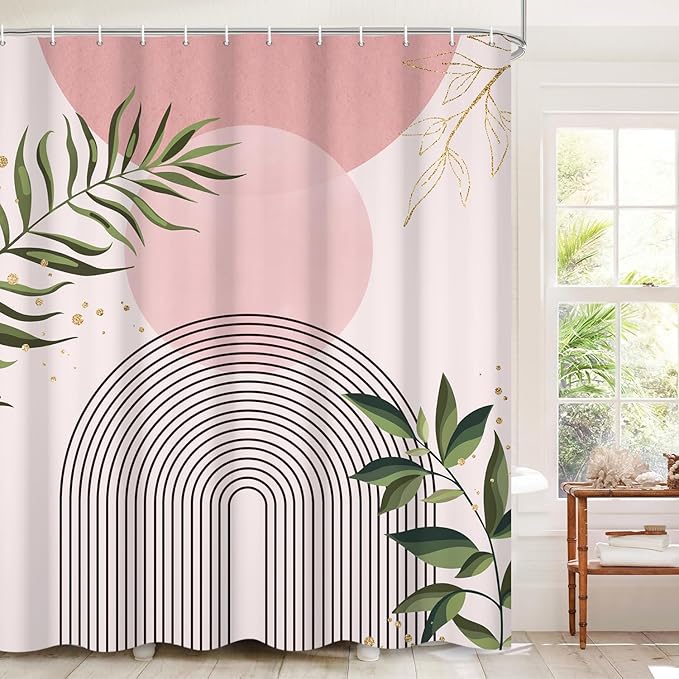 Boho Mid Century Shower Curtain, Pink Modern Minimalist Abstract Geometric Green Gold Plant Leaves Sun Arch Bathroom Curtains Waterproof Fabric Buthtub Curtain Set with Hooks 48" Wx72 L