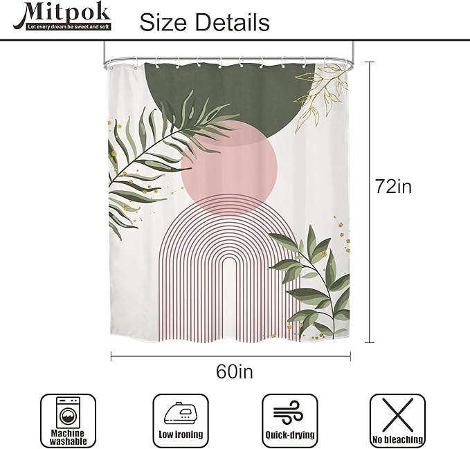 Pink Sage Green Boho Shower Curtain 60Wx72H Mid Century Modern Abstract Gold Leaves Plant Sun Bathroom Decor Minimalist Geometric Arch Line Aesthetic Bath Curtain Fabric Polyester 12 Pack Hooks
