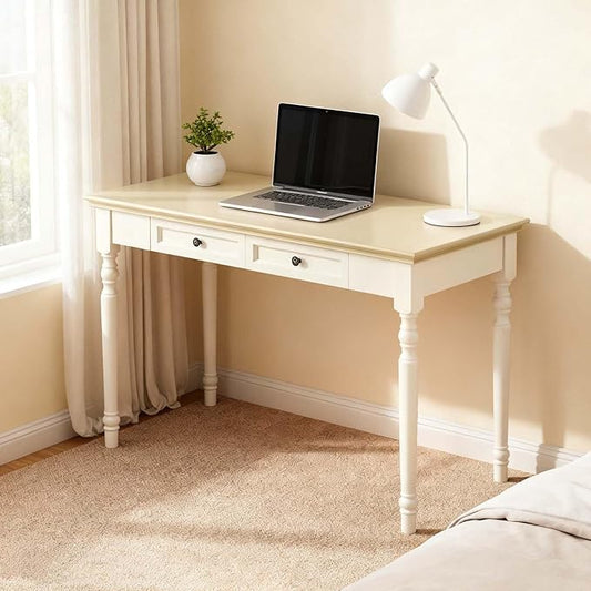 Beige Writing Desks with Drawers, 47" Solid Wood French Country Style Computer Table for Home Office, Living Room Study or Workspace