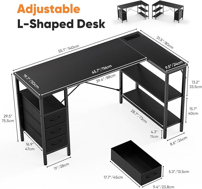 DUMOS L Shaped Desk with Shelf Drawers 55 Inch, Black Corner Computer Desks Gaming with Power Outlet, Study Table with Adjustable Shelves, Home Office Tables for Bedroom Teacher Reading Writing