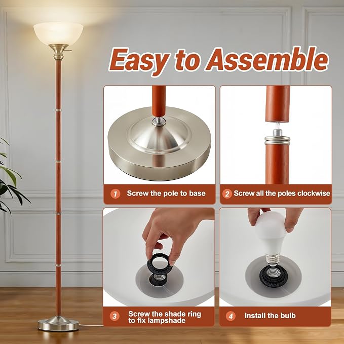 EJIAXIN Wood Floor Lamp for Living Room - Brushed Nikel Torchiere Floor Lamps for Bedroom Standing Lamp with Glass Shade - Mid Century Modern Corner Tall Lamps for Home Office Nursery Reading Light