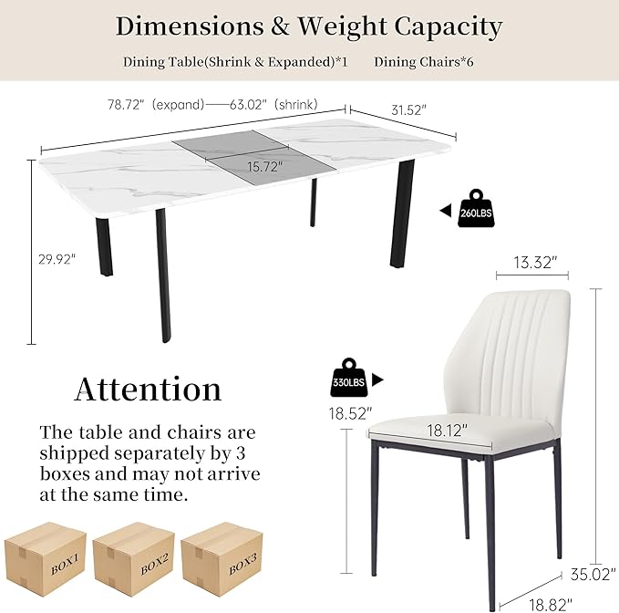 Extendable Dining Table Set for 6-8 People, 63 to 78.7 Inch MDF Kitchen Table with 6 Upholstered Chairs, Space-Saving for Dining Room, Breakfast Nook(White Table & 6 White Chairs)