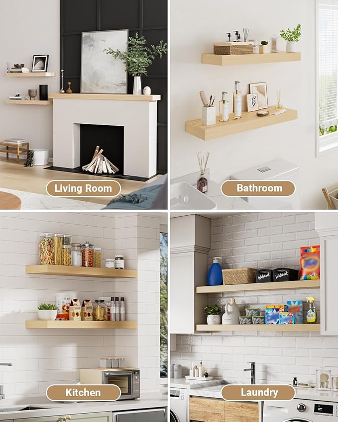 White Oak Floating Shelf for Wall, 2 Inch Thick Wood Floating Shelves Wall Mounted, 36" Long Shelves for Kitchen Bedroom Living Room,8" Deep Floating Book Shelves Set of 2, 50LB Capacity