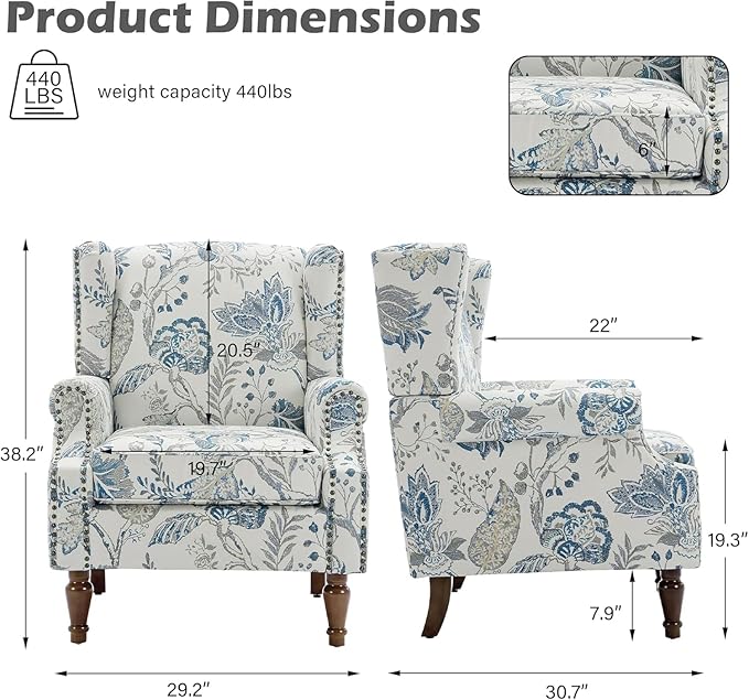 High Back Accent Chair, Fabric Upholstered Armchair Floral Wingback Chair for Living Room, Comfy Single Sofa Bedroom Reading Seat with Solid Wood Legs - Plants Blue