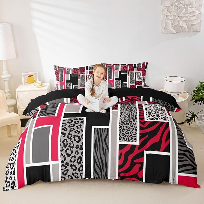 Erosebridal Red Black Grey Leopard Bedding Set Full African Animal Leopard Skin Print Duvet Cover Cheetah Zebra Wildlife Comforter Cover for Kids Teen Adults,Geometric Stripes Patchwork Bed Set